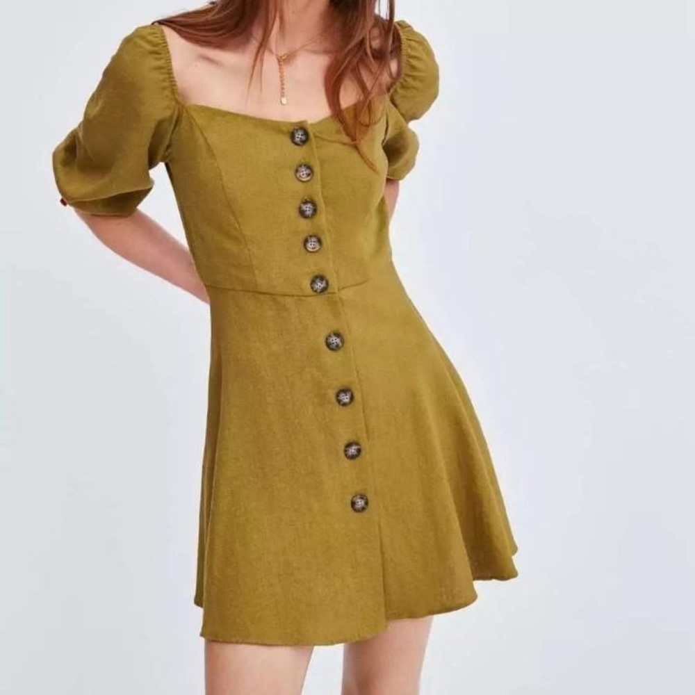 Zara A-line Green Linen Button Down Off The Shoulder Dress